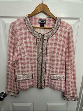 Berek by Takako Sakon Pink/Cream Tweed Plaid Embellished Vintage Lace Jacket